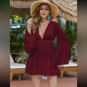 NWOT Plunging Neck Ruffle Hem Chiffon Dress